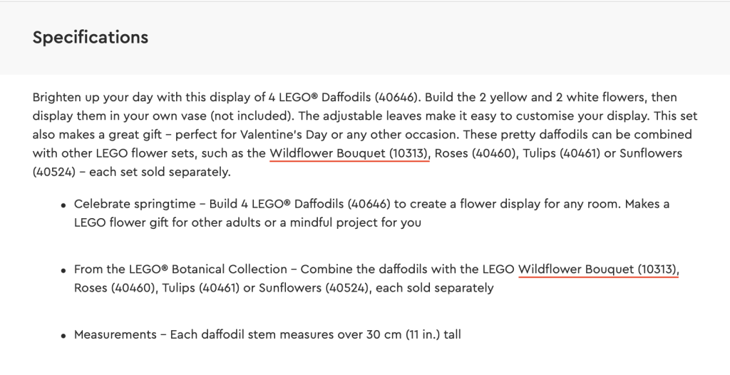 LEGO Botanical Collection 40646 Daffodils product description 10313 Wildflower Bouquet 1024x526